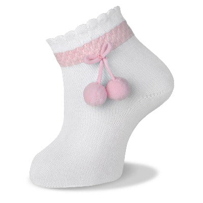 Carlomagno 2500 Colour Contrast Pom Pom Ankle Sock / Pale Pink/ 2 (Vittori Pridham Baby Registry)