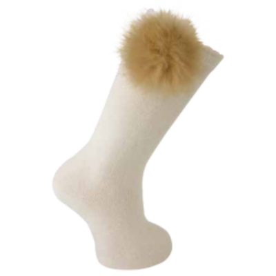 Carlomagno 2956 Fluff Pompom Knee High Sock / Cream / 4 (Vittori Pridham Baby Registry)
