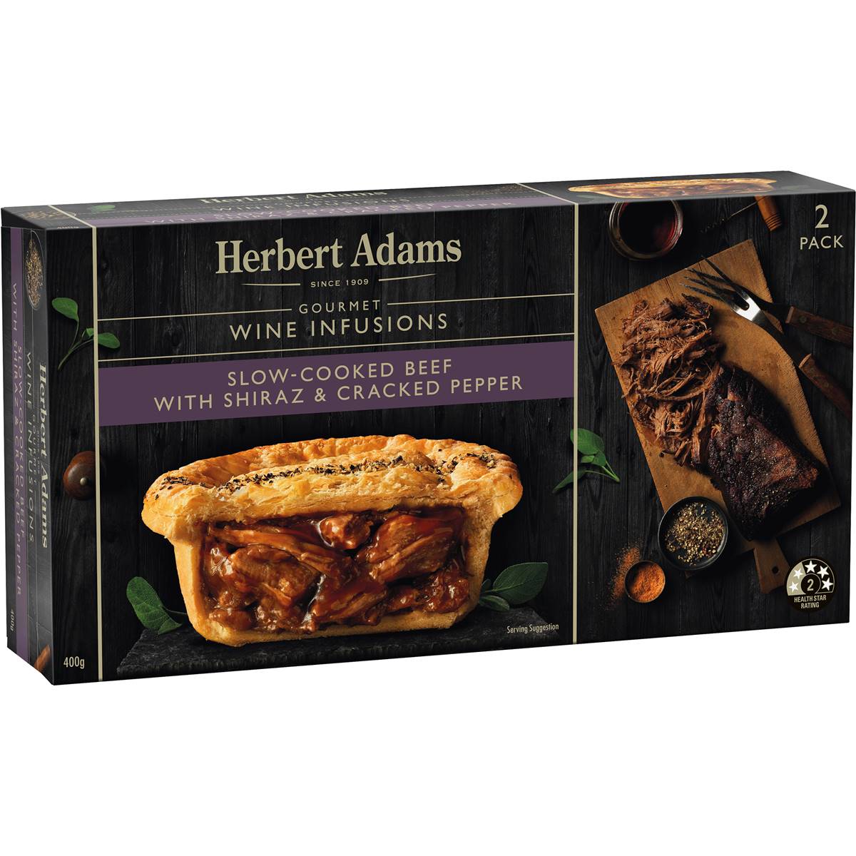 Herbert Adams Slow Cooked Beef w/ Shiraz & Cracked Pepper Pies 2 Pack