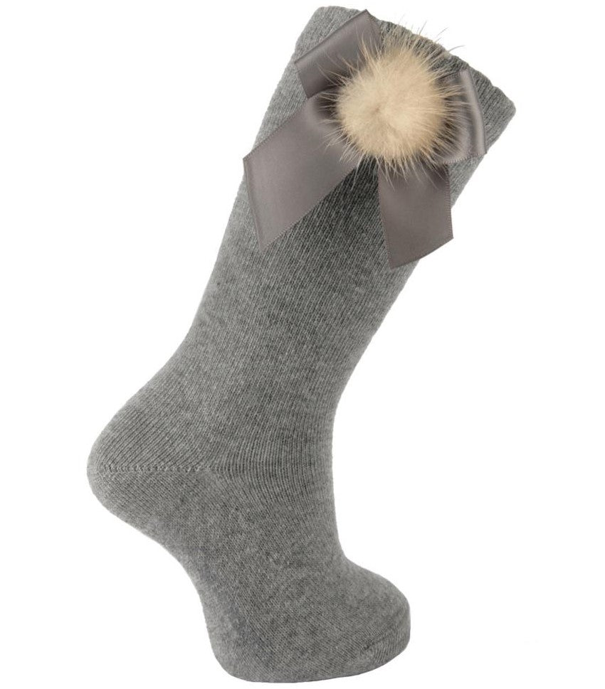 Carlomagno 2404 Bow with Fur Knee High Sock / Medium Grey